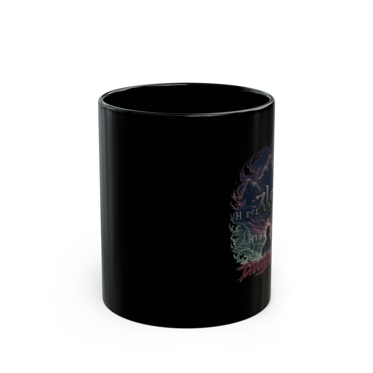 Hellbound " above and partially overlapping " Black Mug - alternate angle 1, merchandise
